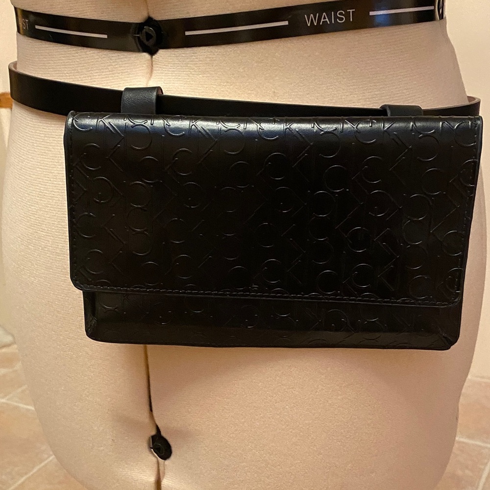 Calvin Klein Black Embossed Leather Clutch on Belt